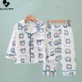Kids Summer Thin Pajamas Sets New 2023 Boys Girls Cotton Linen Cartoon Long Sleeve Lapel Shirt Tops with Pants Baby Home Wear.