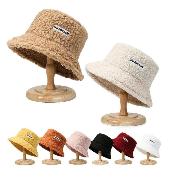 Women Winter Warm Bucket Hat Lamb Wool Letter Panama Fisherman Hat Solid Ladies Girl Outdoor Thick Warmer Flat Top Cap