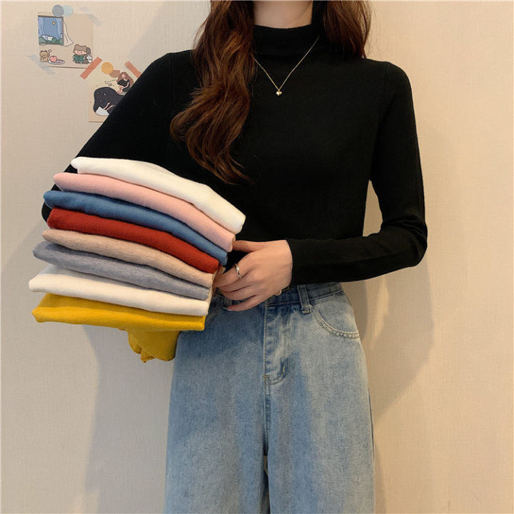Candy Color Autumn and Winter Fashionable New Long Sleeve T T-shirt with Half Turtleneck Western Style All-Match Bottoming Shirt Women's Top