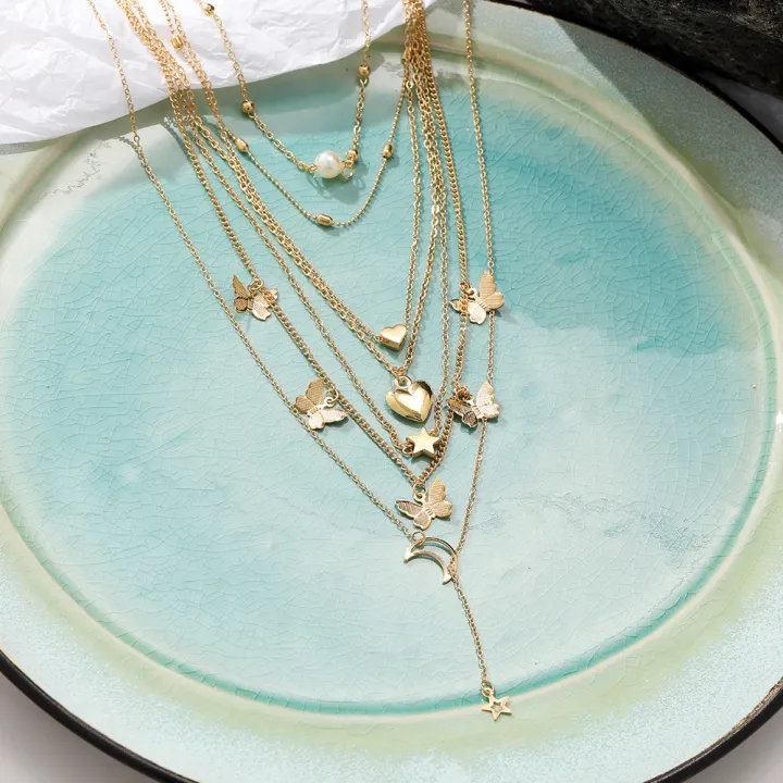 6%20Pcs/set%20Pendant%20%20Necklace%20Creative%20Personality%20Multi-layer%20erflies%20Moon%20Peach%20Heart-shaped%20Pendant%20color:old%20-%20Image%209
