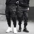 Hop Boy ckets Elastic Waist Harem Pant Men Streetwear Punk Casual Ribbons Design Trousers Jogger Male Dancing Black Pant. 