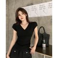 40 Support 94 Cotton Combed Cotton Sweet and Spicy V Collar Slim-Fitting Basic Short Sleeve T T-shirt Women's Summer New Slim Fit Slimming Top. 