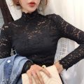 Spring and Summer Lace Long Sleeve Bottoming Shirt Women's Half High Collar Hollow Mesh Top.