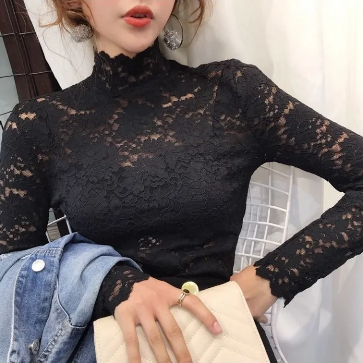 Spring%20and%20Summer%20Lace%20Long%20Sleeve%20Bottoming%20Shirt%20Women's%20Half%20High%20Collar%20Hollow%20Mesh%20Top%20-%20Image%205