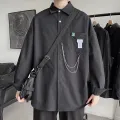 South Korea ulzzang Long Sleeve Solid Color Shirt Men's Hong Kong Style Trendy Brand Korean Style Chain Decoration Shirt Baggy Coat Trendy. 