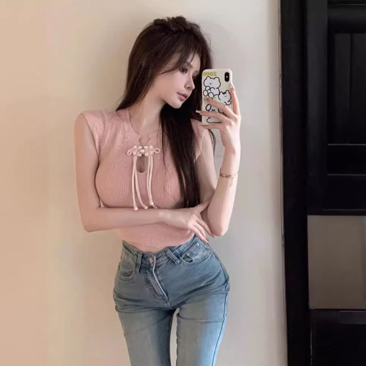 New%20Chinese%20Style%20Retro%20Buckle%20Sweater%20Women's%20Summer%20Pure%20Desire%20Style%20Hot%20Girl%20Short%20Sleeve%20T%20T-shirt%20Short%20Blue%20Waistcoat%20Top%20-%20Image%202