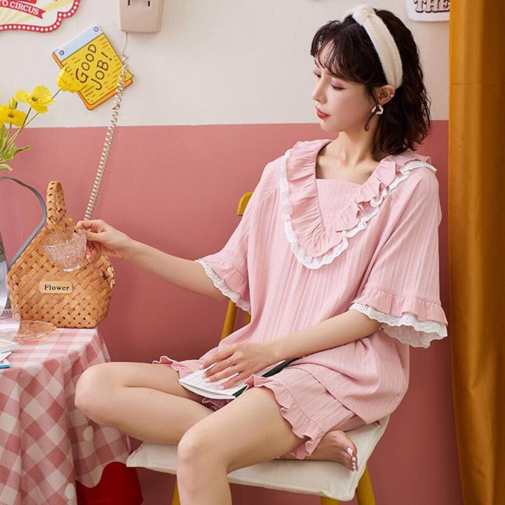 Kawaii Jn Anime Pajamas For Women Cute Bows Navy Collar Nightwear Summer Cotton Short Sleeve Pajamas Sets Princess Sleepwear