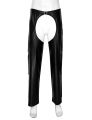 Mens Lingerie Open Crotch Pants West Cowboy Costume Faux Leather Crotchless Chaps with Fringed Details Buckled Loose Long Pants. 