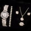 Fashion Luxury Full Crystal 5 Pcs Watch Necklace Earrings Ring Set for Women Rhinestone Wristwatch Female Bracelet Set Gift.