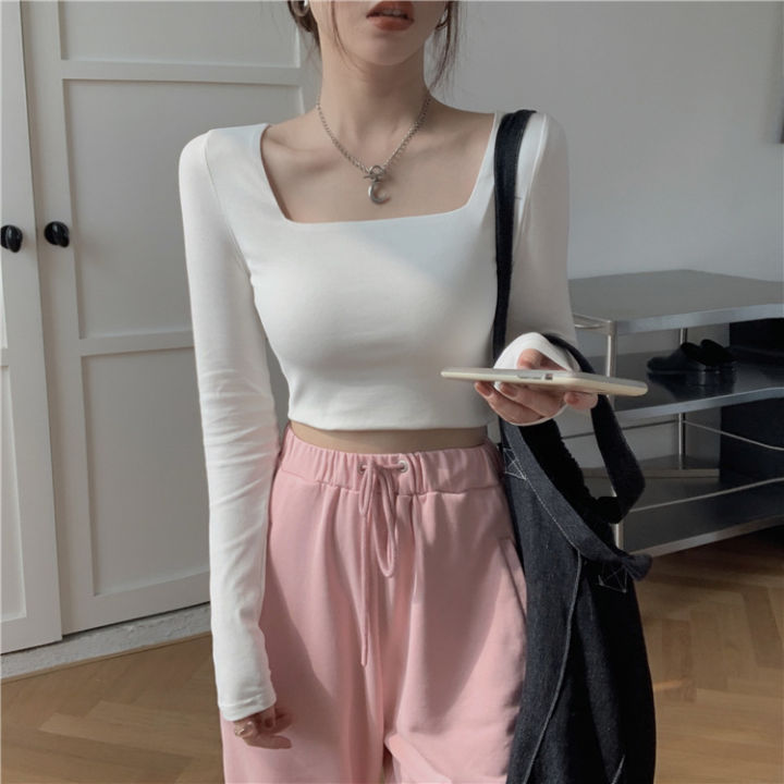 Early%20Autumn%20Hot%20Girl%20Square%20Collar%20Short%20Top%20for%20Women%202024%20New%20Korean%20Style%20Fitted%20Bottoming%20Bottoming%20Shirt%20Long%20Sleeve%20T%20T-shirt%20Women's%20Fashion%20-%20Image%202
