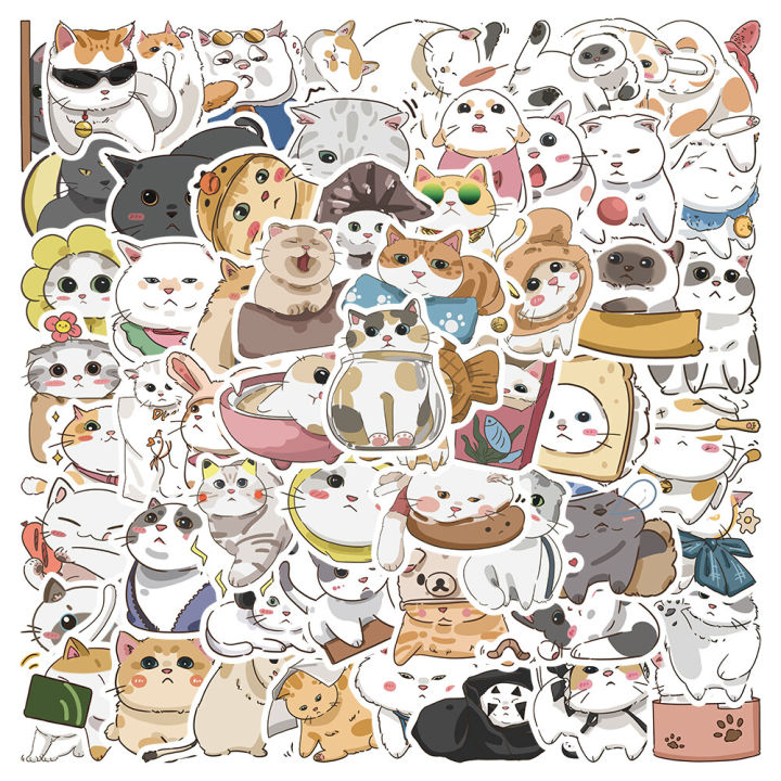 50Pcs Cartoon Cute Cat Cartoon Waterproof Sticker Skateboarding Snowboard Retro Vinyl Sticker Graffiti Notebook Sticker