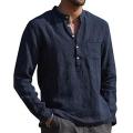 2021 Men Casual Shirts Solid Color V Neck Long Sleeve Shirt Simple Button Pocket Top Cotton Linen Skin-friendly Daily Wear Shirt.