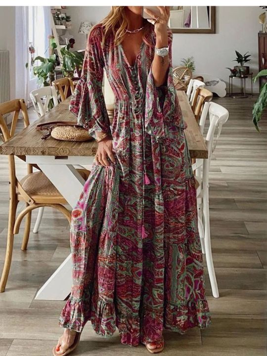 Boho Chic Lazada Bohemian Outfit Summer Boho Beach Maxi Dress Women Spring Summer Vintage Floral Print Long Dresses For Woman Holiday Elegant Ladies Robe Femme