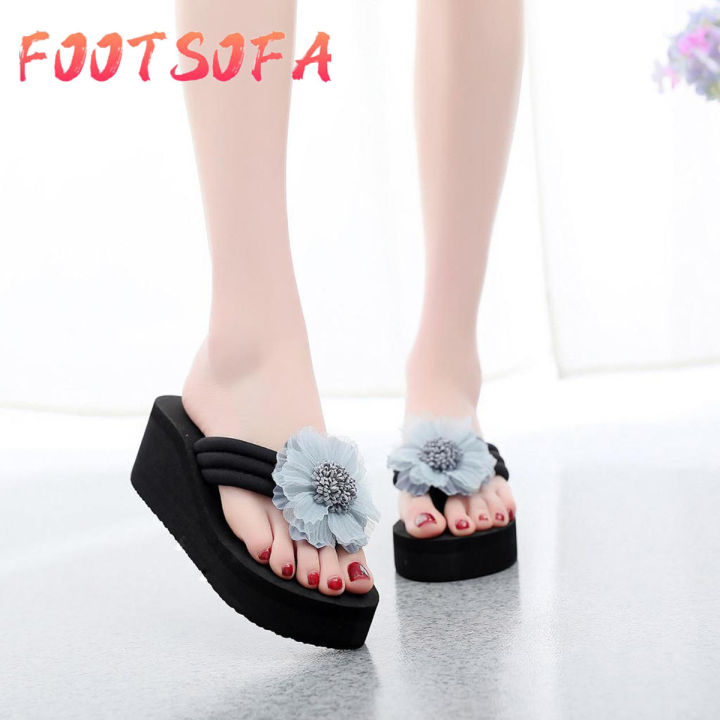 Summer  Female Mid High Heel Korean Style Sandal  Women's Ladies Summer Flower Home Wedges Beach Shoes Sandals Flip Flops Slippers