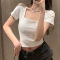 【New and Improved】 Fashion Square Collar Women T-shirt Black White Short Sleeves Women Top Solid Color Slim Fit Tee.