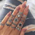 15 Piece/Set Bohemian Retro Crystal Flower Leaves Leaves Blank Padma Gem Silver Ring. 