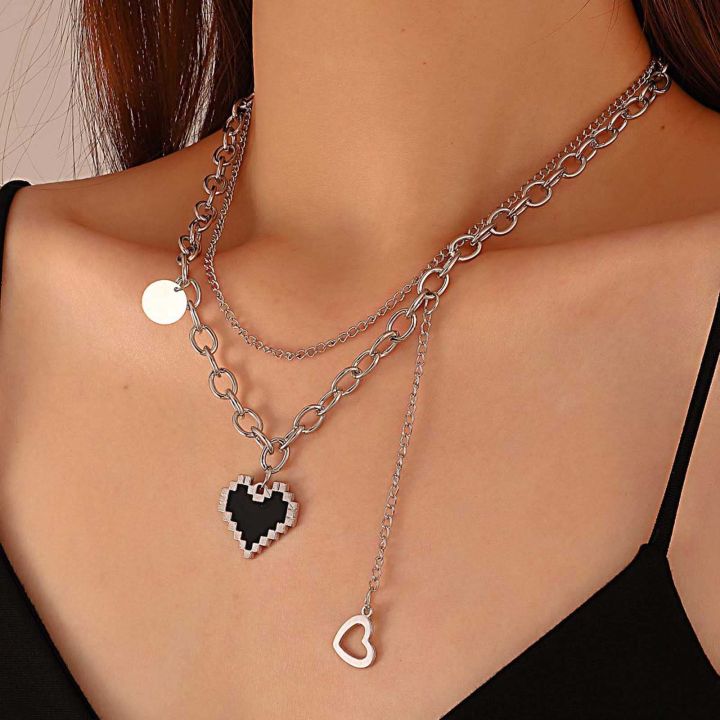 Trendy%20Punk%20Mosaic%20Pixel%20Double%20Layer%20Necklace%20Charm%20Gothic%20Clavicle%20Chain%20Metal%20Black%20Heart%20Pendant%20Necklace%20for%20Women%20Girls%20Party%20Jewelry%20Gift%20-%20Image%203