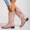 Western Cowboy Boots 2024 Winter Fashion Mid-calf Women's Boots Retro Pointed Toe Slip-on Mid Heel Pink Boots Shoes for Women. 