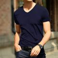2021 Men's T-shirt Japan Short Sleeve Male Ice Silk Trackless T-shirt V-neck Slim Summer Pure Colors Clothing T Shirts Tops Tee. 