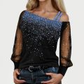 Sequin Mesh Cold Shoulder Blouse Splice Long Sleeves Loose Shiny Glitter Tunic Top Casual Womens Tops And Blouses. 