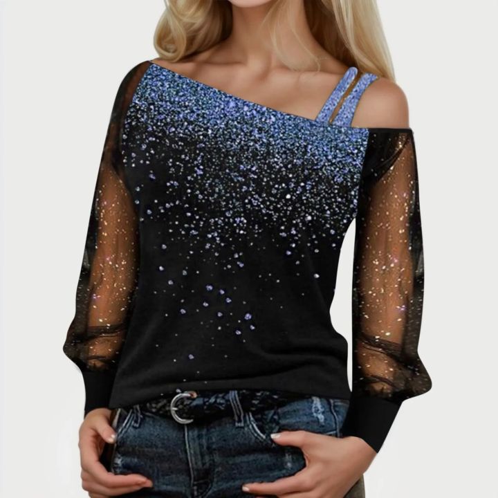Sequin%20Mesh%20Cold%20Shoulder%20Blouse%20Splice%20Long%20Sleeves%20Loose%20Shiny%20Glitter%20Tunic%20Top%20Casual%20Womens%20Tops%20And%20Blouses%20-%20Image%202