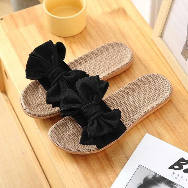 Women%20Summer%20Casual%20Slides%20Comfortable%20Flax%20Slippers%20Striped%20Bow%20Linen%20Flip%20Flops%20Platform%20Sandals%20Ladies%20Indoor%20Shoes%20-%20Image%203
