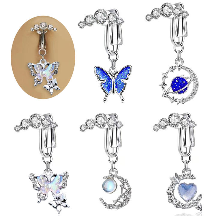 Fake Belly Ring Dangling Navel Rings Women Butterfly Heart Moon