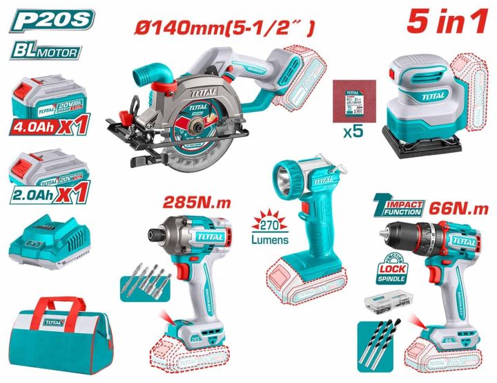 TOTAL 5 in 1 Combo Set with Circular Saw(140mm) + Compact Drill(66nm) + Impact Driver(285nm) + Lamp + Sander, Model: TOSLI241081  - Kings Trading