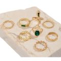 8Pcs Vintage Geometry Snake Green Crystal Open Ring Set for Women Accessories. 