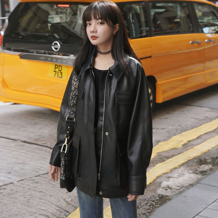 Leather%20Coat%20Women's%20Spring%20Mid-Length%20Autumn%20and%20Winter%20Korean%20Loose%20Leisure%20Hong%20Kong%20Style%20MotorcyclepuLeather%20Jacket%20with%20Cotton%20for%20Students%20-%20Image%204
