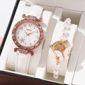 Gorgeous Women's Quartz Watch & Bracelet Set - Unique Diamond Starry Sky Dial Watches for Girls Luxury Stylish Wristwatch.