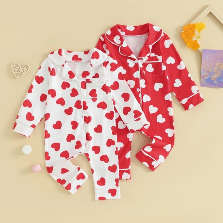 0-24M Baby Pajamas Jumpsuits Heart Print Lapel Button Up Long