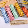【Top-rated】 3 In1 Wheat Straw Dinnerware Set Fork Spoon Set Travel Picnic Camping With Case Portable Tableware Cutlery 1Set.