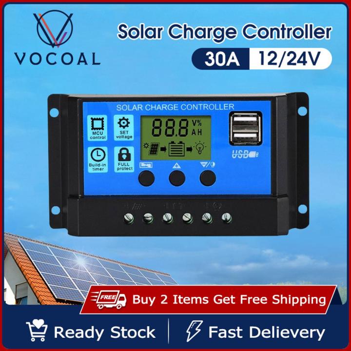 Vocoal 30A Solar Charge Contro ller Solar Panel Controller 12V/24V Adjusta ble LCD Display Solar Panel Batte ry Regulator With USB Port Auto PWM Controllers Intelligent System Charging Controller For Home