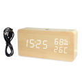 LED Digital Wooden Alarm Clock APP Control Time/ Temperature/ Humidity/ Date Display Electronic Desktop Clock 4 Levels Brightness Sound Control USB Charge or Ba-ttery Supply.
