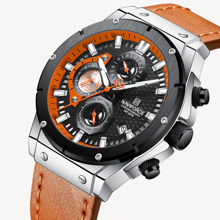 NAVIFORCE NF8027 Brown PU Leather Chronograph Watch For Men Orange Brown Daraz .bd