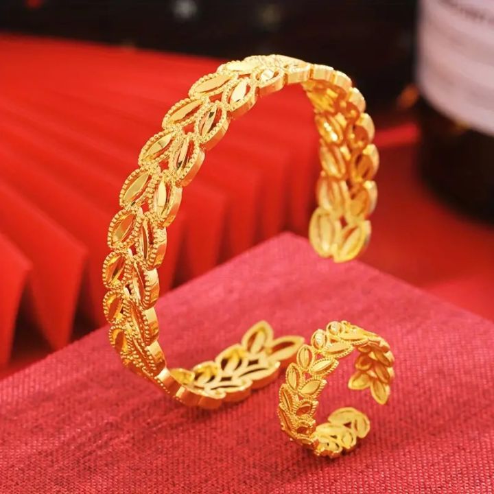Premium Quality Dubai Gold Polish leaves Design hollow ring & hollow bracelet For Women For girl gift