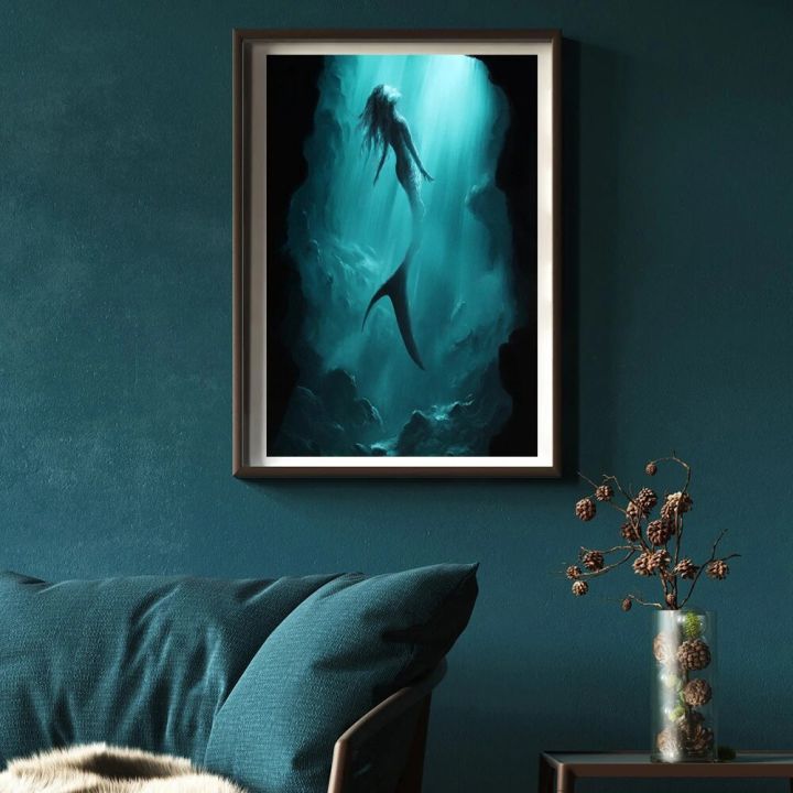Siren%20Mermaid%20Fantasy%20Ocean%20Art%20Painting%20Print%20Canvas%20Poster%20Black%20Green%20Sea%20Underwater%20Cave%20Picture%20Living%20Room%20Home%20Wall%20Decor%20-%20Image%204
