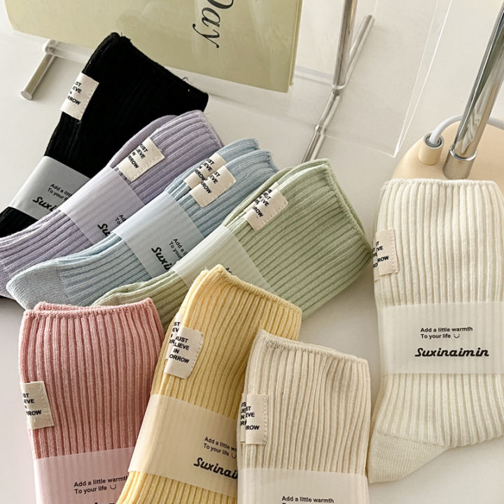 suxinaimin%20Women's%20Socks%20Spring%20and%20Summer%20New%20Cotton%20Double%20Needle%20Bunching%20Socks%20Japanese%20Heel%20Cloth%20Label%20Macaron%20Tube%20Socks%20-%20Image%203