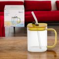 Clear 490ml Square Glass Cup with Colorful Handle, Acrylic Lid & Straw - Borosilicate Glass Milk Juice Tumbler Coffee Mug - Microwave Safe, Scratch Resistant - 1PCS..