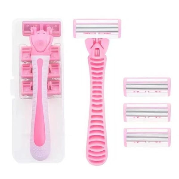 Portable 6 Layer Blade Body Hair Removal Beauty Razor for Women Leg Armpits Facial Hair T-shape Trimmer Shaver Razor with 3 Replaceable Blades