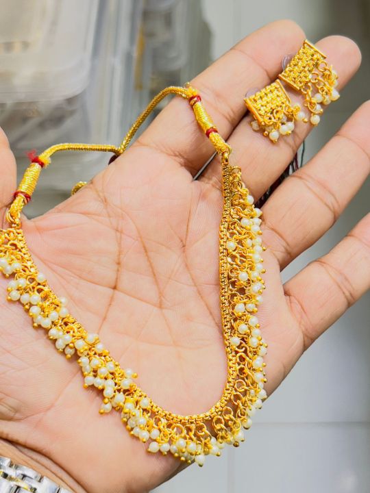 South Indian Traditional gajra Golden Choker Necklace Set with Earrings Style Pearl Jewelry for Women Girls - Necklace For Girls