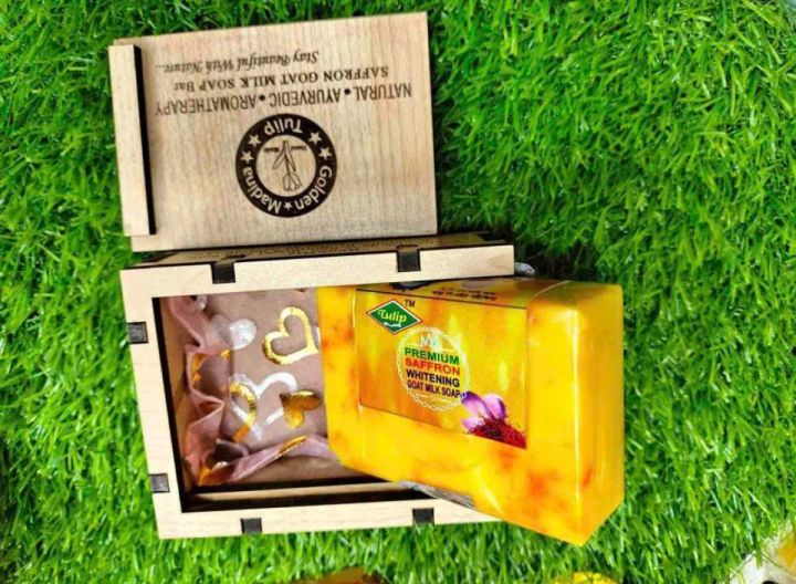 Hand Made Goat Milk Jafran Soap With Wooden Box 100g