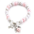 Religious Pearl Bracelet Angel Wing Cross Beaded Bracelet Baby Shower Girl Boy Baptism Gift.