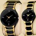 Couple Gold & Black Watch With Box Metal Chain - Watch.