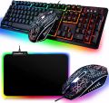 Gaming Keyboard Mouse Combo K13 Wired Rainbow Led Backlit 104 Keys Ergonomic Gamer Keyboard + 2400DPI Adjust 6 Buttons Usb Optical Game Mouse Sets for PC Laptop Computer +RGB Mini Mousepad (Black-RGBMP).