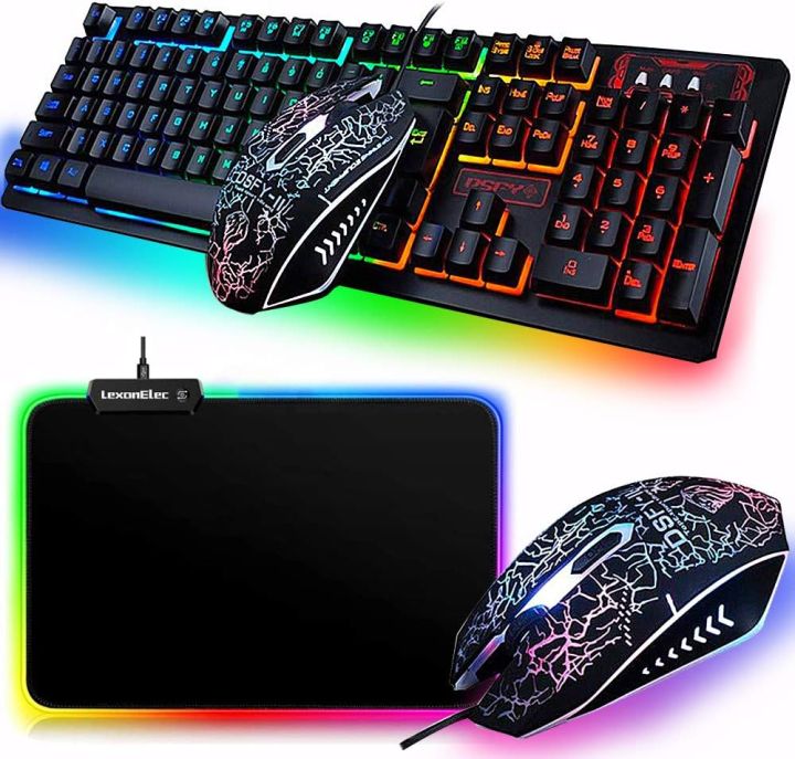 Gaming Keyboard Mouse Combo K13 Wired Rainbow Led Backlit 104 Keys Ergonomic Gamer Keyboard + 2400DPI Adjust 6 Buttons Usb Optical Game Mouse Sets for PC Laptop Computer +RGB Mini Mousepad (Black-RGBMP)