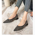 Spring Summer Women's Shoes Pointed Toe Rhinestone Chunky Heel 3 cm Low Heel Shoes Low-Cut Pumps Full Diamond Flat Bottom Comfort Sandals.