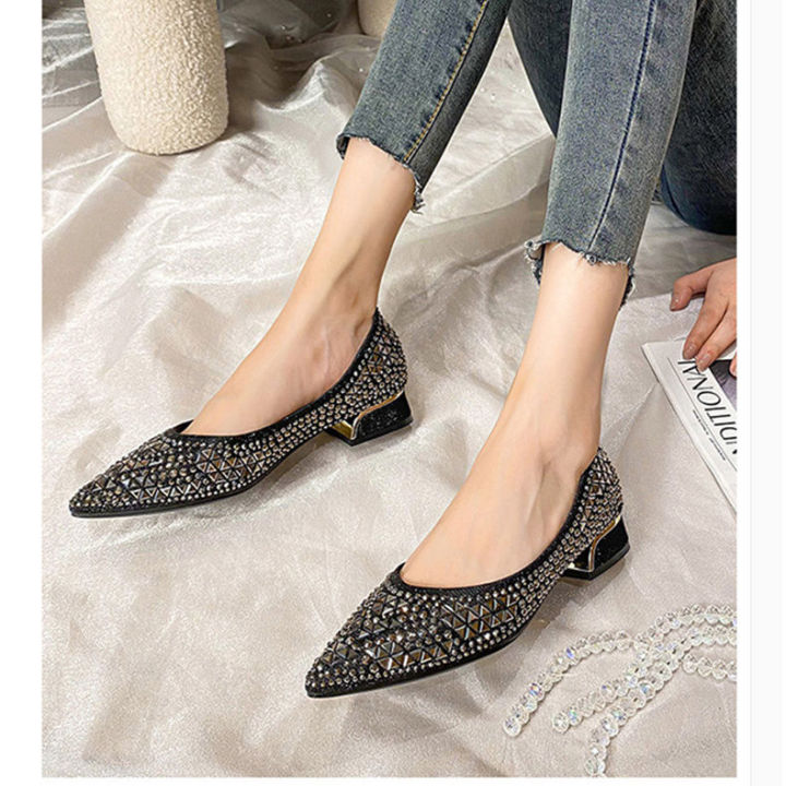 Spring%20Summer%20Women's%20Shoes%20Pointed%20Toe%20Rhinestone%20Chunky%20Heel%203%20cm%20Low%20Heel%20Shoes%20Low-Cut%20Pumps%20Full%20Diamond%20Flat%20Bottom%20Comfort%20Sandals%20-%20Image%203