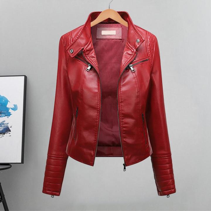 Women%20Faux%20Leather%20Jacket%20Stylish%20Women's%20Slim%20Fit%20Faux%20Leather%20Jacket%20with%20Stand%20Collar%20Long%20Sleeves%20Zipper%20Placket%20for%20Thin%20-%20Image%203